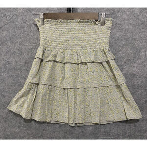 Koch Tiered Ruffle Mini Skirt Sz XS Yellow Ditsy Floral Layered Smocked Y2K‎